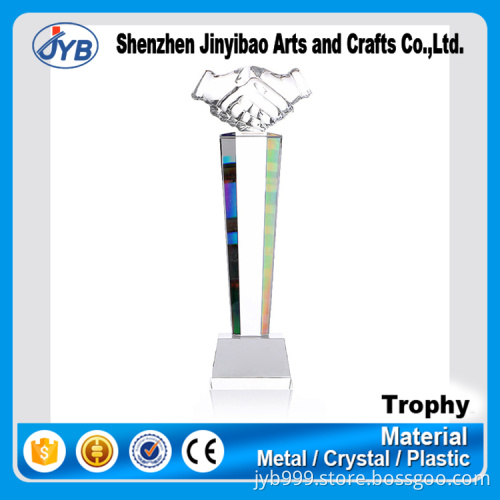 clear crystal business award hands-shaking trophy